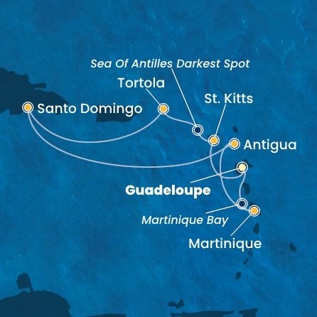 Guadeloupe, Svätý Krištof a Nevis, Britské Panenské ostrovy, Dominikánska republika, Antigua a Barbuda, Martinik z Pointe-à-Pitre na lodi Costa Favolosa