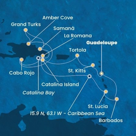 Guadeloupe, Svätý Krištof a Nevis, Britské Panenské ostrovy, Dominikánska republika, Veľká Británia, Svätá Lucia, Barbados z Pointe-à-Pitre na lodi Costa Pacifica