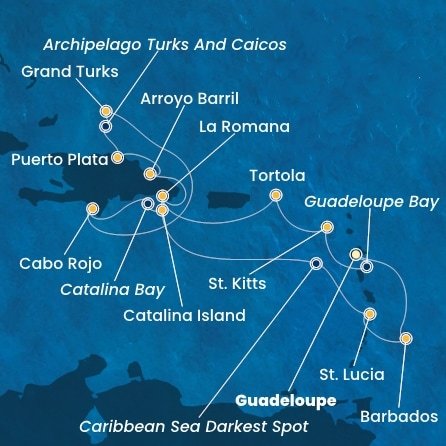 Guadeloupe, Svätý Krištof a Nevis, Britské Panenské ostrovy, Dominikánska republika, Veľká Británia, Svätá Lucia, Barbados z Pointe-à-Pitre na lodi Costa Fascinosa