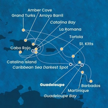 Guadeloupe, Svätý Krištof a Nevis, Britské Panenské ostrovy, Dominikánska republika, Veľká Británia, Martinik, Barbados z Pointe-à-Pitre na lodi Costa Fascinosa