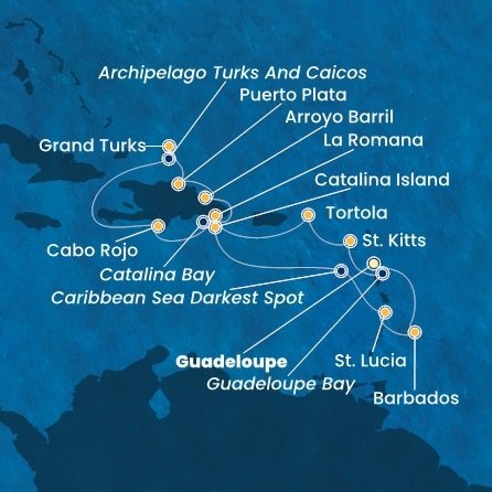 Guadeloupe, Svätý Krištof a Nevis, Britské Panenské ostrovy, Dominikánska republika, Veľká Británia, Svätá Lucia, Barbados z Pointe-à-Pitre na lodi Costa Fascinosa