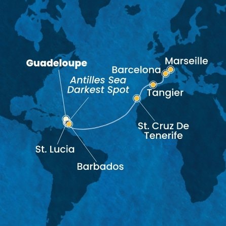Guadeloupe, Svätá Lucia, Barbados, Španielsko, Maroko, Francúzsko z Pointe-à-Pitre na lodi Costa Fascinosa
