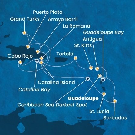 Guadeloupe, Antigua a Barbuda, Svätý Krištof a Nevis, Britské Panenské ostrovy, Dominikánska republika, Veľká Británia, Svätá Lucia, Barbados z Pointe-à-Pitre na lodi Costa Fascinosa
