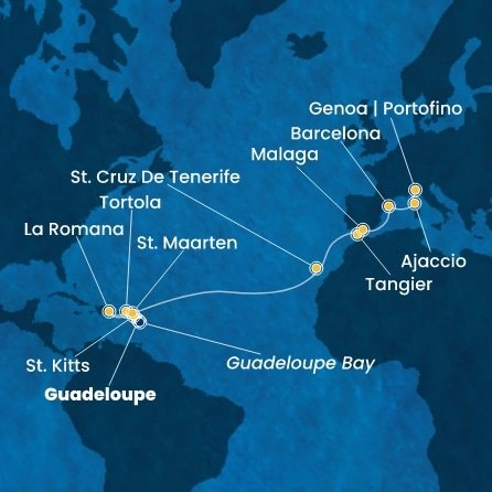Guadeloupe, Svätý Krištof a Nevis, Britské Panenské ostrovy, Dominikánska republika, Svatý Martin, Španielsko, Maroko, Francúzsko, Taliansko z Pointe-à-Pitre na lodi Costa Fascinosa