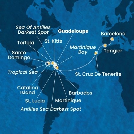 Guadeloupe, Svätý Krištof a Nevis, Britské Panenské ostrovy, Dominikánska republika, Martinik, Svätá Lucia, Barbados, Španielsko, Maroko z Pointe-à-Pitre na lodi Costa Fascinosa
