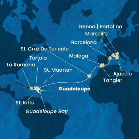 Guadeloupe, Svätý Krištof a Nevis, Britské Panenské ostrovy, Dominikánska republika, Svatý Martin, Španielsko, Maroko, Francúzsko, Taliansko z Pointe-à-Pitre na lodi Costa Fascinosa
