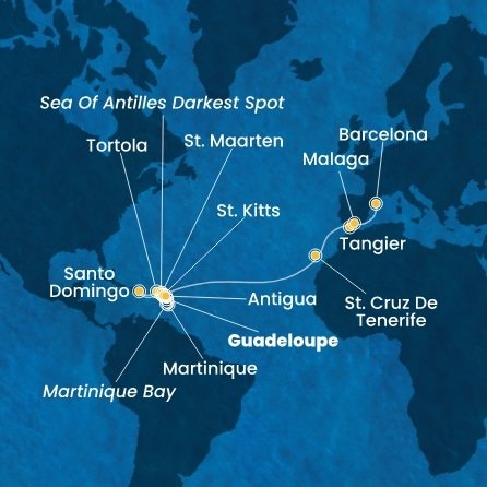 Guadeloupe, Svätý Krištof a Nevis, Britské Panenské ostrovy, Dominikánska republika, Svatý Martin, Martinik, Antigua a Barbuda, Španielsko, Maroko z Pointe-à-Pitre na lodi Costa Favolosa