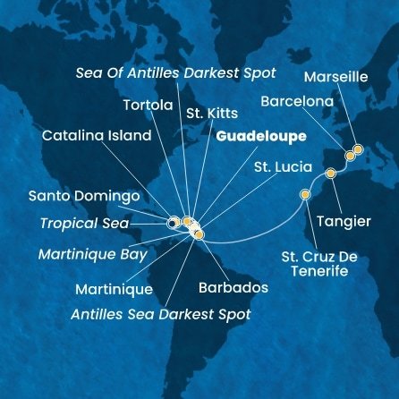 Guadeloupe, Svätý Krištof a Nevis, Britské Panenské ostrovy, Dominikánska republika, Martinik, Svätá Lucia, , Barbados, Španielsko, Maroko, Francúzsko z Pointe-à-Pitre na lodi Costa Fascinosa