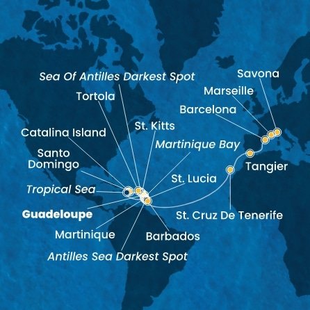 Guadeloupe, Svätý Krištof a Nevis, Britské Panenské ostrovy, Dominikánska republika, Martinik, Svätá Lucia, Barbados, Španielsko, Maroko, Francúzsko, Taliansko z Pointe-à-Pitre na lodi Costa Fascinosa