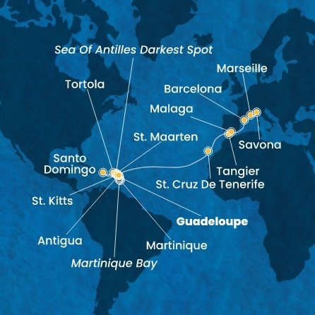 Guadeloupe, Svätý Krištof a Nevis, Britské Panenské ostrovy, Dominikánska republika, Svatý Martin, Martinik, Antigua a Barbuda, Španielsko, Maroko, Francúzsko, Taliansko z Pointe-à-Pitre na lodi Costa Favolosa