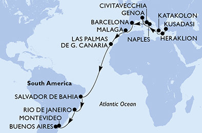 Turecko, Grécko, Taliansko, Španielsko, Brazília, Uruguaj, Argentína z Kusadasi na lodi MSC Splendida