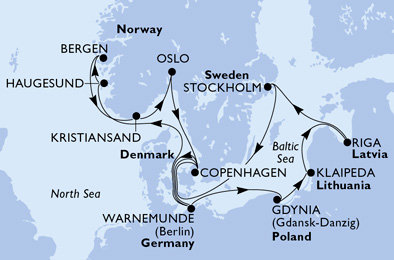 Nemecko, Poľsko, Litva, Lotyšsko, Švédsko, Dánsko, Nórsko, Oslo z Warnemünde na lodi MSC Magnifica