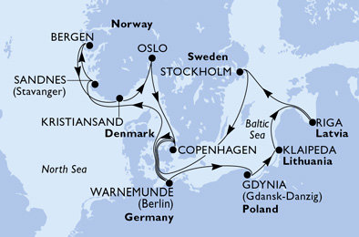 Nemecko, Poľsko, Litva, Lotyšsko, Švédsko, Dánsko, Nórsko, Oslo z Warnemünde na lodi MSC Magnifica