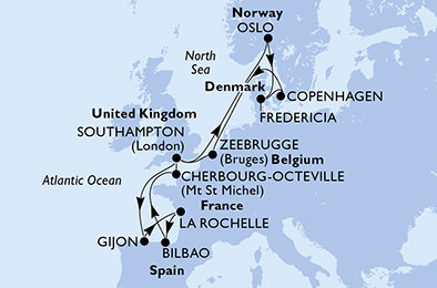 Veľká Británia, Španielsko, Francie, Oslo, Dánsko, Belgicko zo Southamptonu na lodi MSC Meraviglia