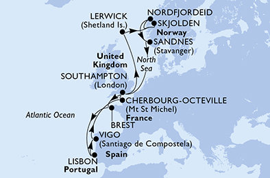 Veľká Británia, Francie, Portugalsko, Španielsko, Nórsko zo Southamptonu na lodi MSC Meraviglia