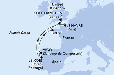 Veľká Británia, Francie, Španielsko, Portugalsko zo Southamptonu na lodi MSC Meraviglia
