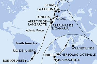 Argentína, Brazília, Španielsko, z Lanzarote, Portugalsko, Francie, Nemecko z Buenos Aires na lodi MSC Splendida
