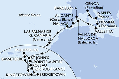 Taliansko, Malta, Španielsko, Antigua a Barbuda, Svätý Vincent a Grenadiny, Barbados, Martinik, Guadeloupe, Svatý Martin, Svätý Krištof a Nevis, Dominika z Janova na lodi MSC World Asia