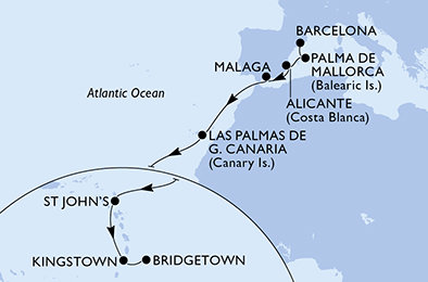 Španielsko, Antigua a Barbuda, Svätý Vincent a Grenadiny, Barbados z Barcelony na lodi MSC World Asia