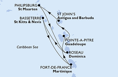 Martinik, Guadeloupe, Antigua a Barbuda, Svatý Martin, Dominika, Svätý Krištof a Nevis z Fort de France na lodi MSC World Asia