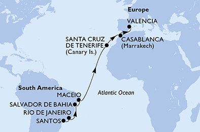 Brazília, Španielsko, Maroko zo Santosu na lodi MSC Divina