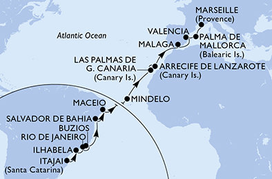 Brazília, Kapverdy, Španielsko, z Lanzarote, Francúzsko na lodi MSC Musica