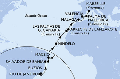 Brazília, Kapverdy, Španielsko, z Lanzarote, Francúzsko z Rio de Janeira na lodi MSC Musica