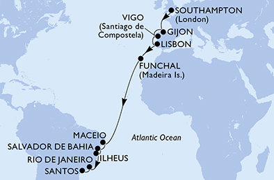 Veľká Británia, Španielsko, Portugalsko, Brazília zo Southamptonu na lodi MSC Meraviglia
