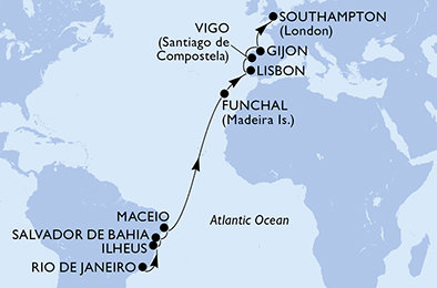 Brazília, Portugalsko, Španielsko, Veľká Británia z Rio de Janeira na lodi MSC Meraviglia