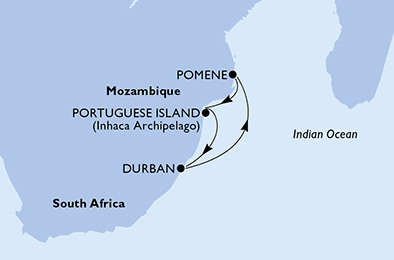 Juhoafrická republika, Mozambik z Durbanu na lodi MSC Sinfonia