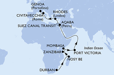 Juhoafrická republika, Madagaskar, Tanzánie, Keňa, Seychely, Jordánsko, Egypt, Grécko, Taliansko z Durbanu na lodi MSC Sinfonia