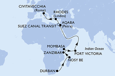 Juhoafrická republika, Madagaskar, Tanzánie, Keňa, Seychely, Jordánsko, Egypt, Grécko, Taliansko z Durbanu na lodi MSC Sinfonia