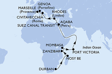 Juhoafrická republika, Madagaskar, Tanzánie, Keňa, Seychely, Jordánsko, Egypt, Grécko, Taliansko, Francúzsko z Durbanu na lodi MSC Sinfonia