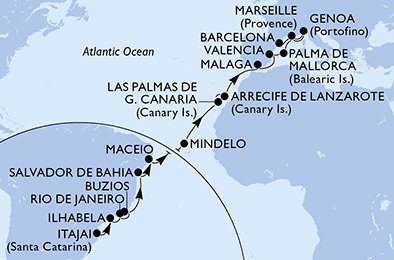 Brazília, Kapverdy, Španielsko, z Lanzarote, Francúzsko, Taliansko na lodi MSC Musica
