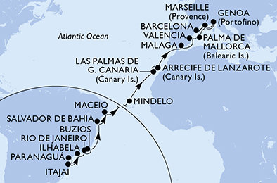 Brazília, Kapverdy, Španielsko, z Lanzarote, Francúzsko, Taliansko na lodi MSC Musica