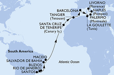 Brazília, Španielsko, Maroko, Tunisko, Taliansko zo Santosu na lodi MSC Virtuosa