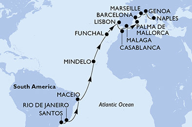 Brazília, Kapverdy, Portugalsko, Maroko, Španielsko, Francúzsko, Taliansko zo Santosu na lodi MSC Seaview