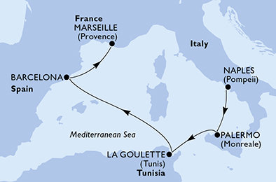 Taliansko, Tunisko, Španielsko, Francúzsko z Neapola na lodi MSC Euribia