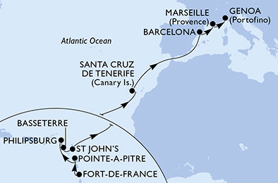 Martinik, Guadeloupe, Svatý Martin, Svätý Krištof a Nevis, Antigua a Barbuda, Španielsko, Francúzsko, Taliansko z Fort de France na lodi MSC World Europa