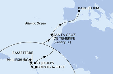 Guadeloupe, Svatý Martin, Svätý Krištof a Nevis, Antigua a Barbuda, Španielsko z Pointe-à-Pitre na lodi MSC World Europa
