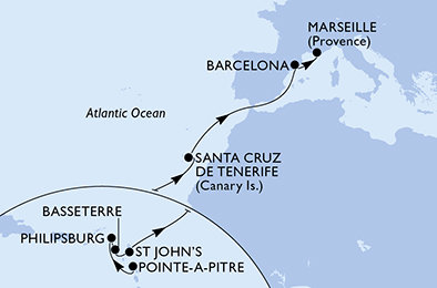 Guadeloupe, Svatý Martin, Svätý Krištof a Nevis, Antigua a Barbuda, Španielsko, Francúzsko z Pointe-à-Pitre na lodi MSC World Europa