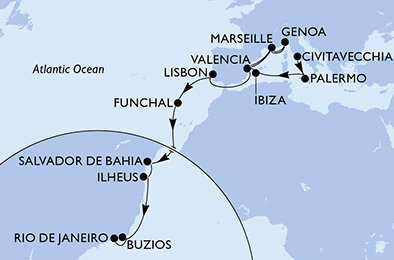 Taliansko, Španielsko, Francúzsko, Portugalsko, Brazília z Civitavechie na lodi MSC Musica