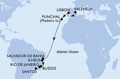 Španielsko, Portugalsko, Brazília z Valencie na lodi MSC Musica
