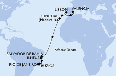 Španielsko, Portugalsko, Brazília z Valencie na lodi MSC Musica