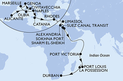 Španielsko, Taliansko, Francúzsko, Grécko, Cyprus, Egypt, Seychely, Maurícius, Reunion, Juhoafrická republika z Alicante na lodi MSC Sinfonia