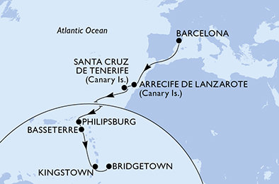 Španielsko, z Lanzarote, Svatý Martin, Svätý Krištof a Nevis, Svätý Vincent a Grenadiny, Barbados z Barcelony na lodi MSC World Europa