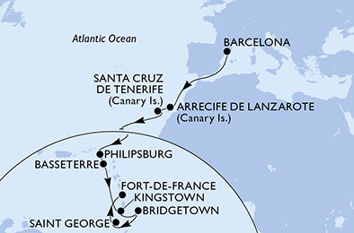Španielsko, z Lanzarote, Svatý Martin, Svätý Krištof a Nevis, Svätý Vincent a Grenadiny, Barbados, Grenada, Martinik z Barcelony na lodi MSC World Europa