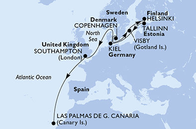 Dánsko, Švédsko, Fínsko, Estónsko, Nemecko, Veľká Británia, Španielsko z Kodane na lodi MSC Euribia
