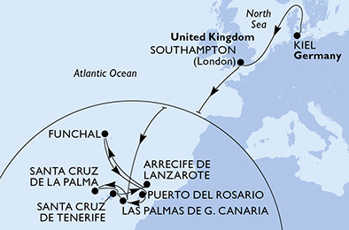 Nemecko, Veľká Británia, Španielsko, z Lanzarote, Portugalsko z Kielu na lodi MSC Euribia