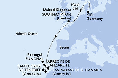 Nemecko, Veľká Británia, Španielsko, z Lanzarote, Portugalsko z Kielu na lodi MSC Euribia